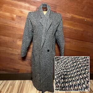 VINTAGE 80s Academic Tweed Wool Coat Check Weave Trench Dani Colby Size XL
